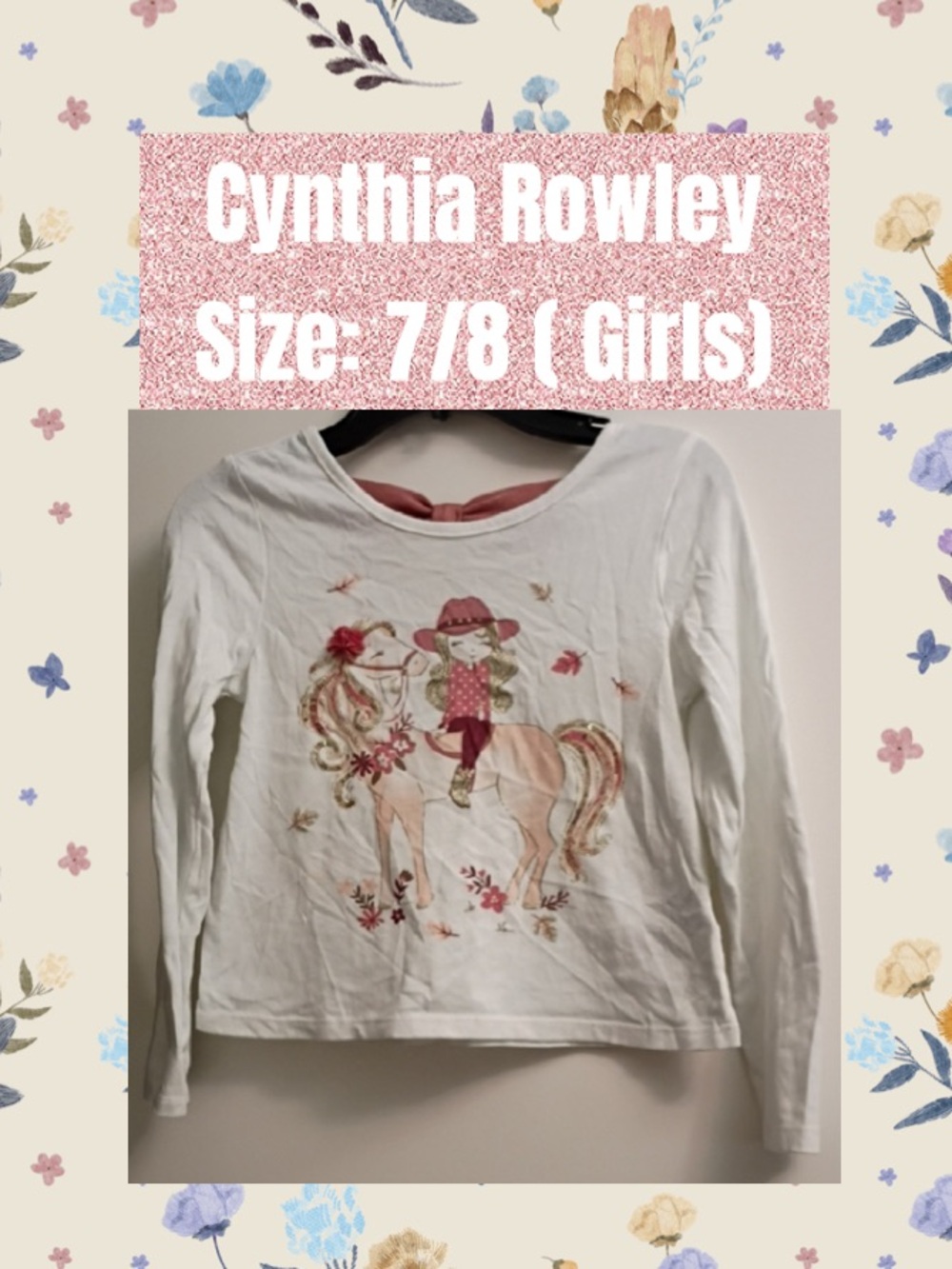 White Long-Sleeve Top with Pink & Gold Horse Rider Graphic